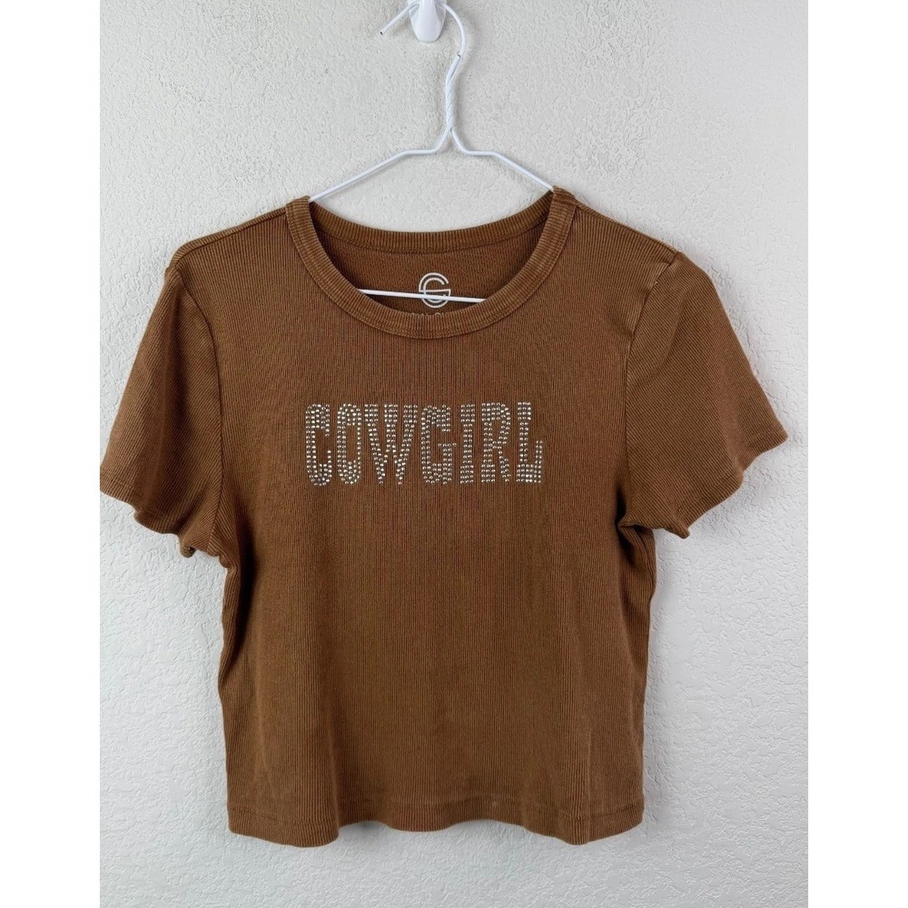 Social Culture Cowgirl Rhinestone Graphic Ribbed Cotton T-Shirt Sz L Western Y2K